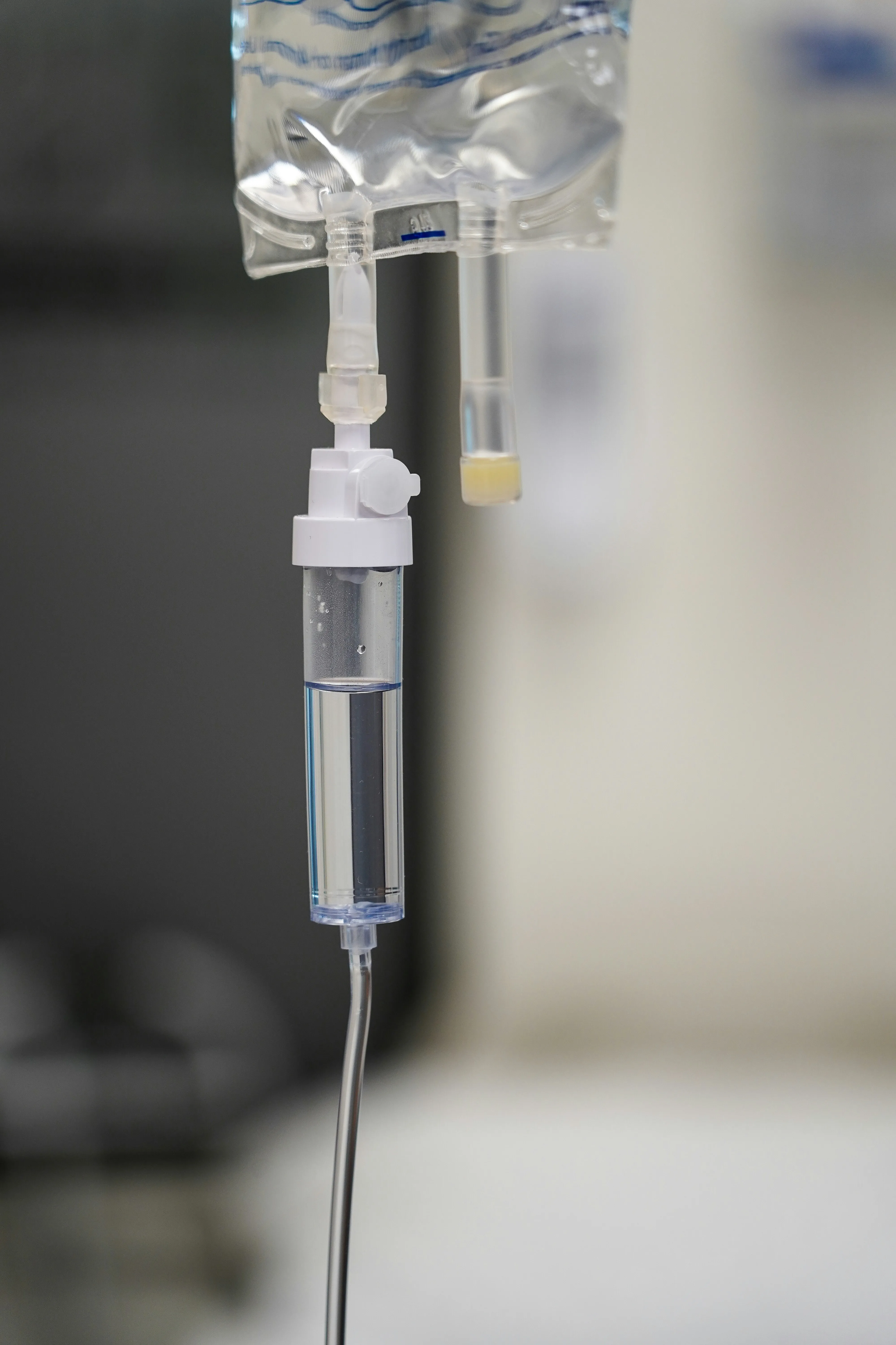 Close-up of an IV hydration drip line at Village IV Therapy clinic near Union Square, Manhattan
